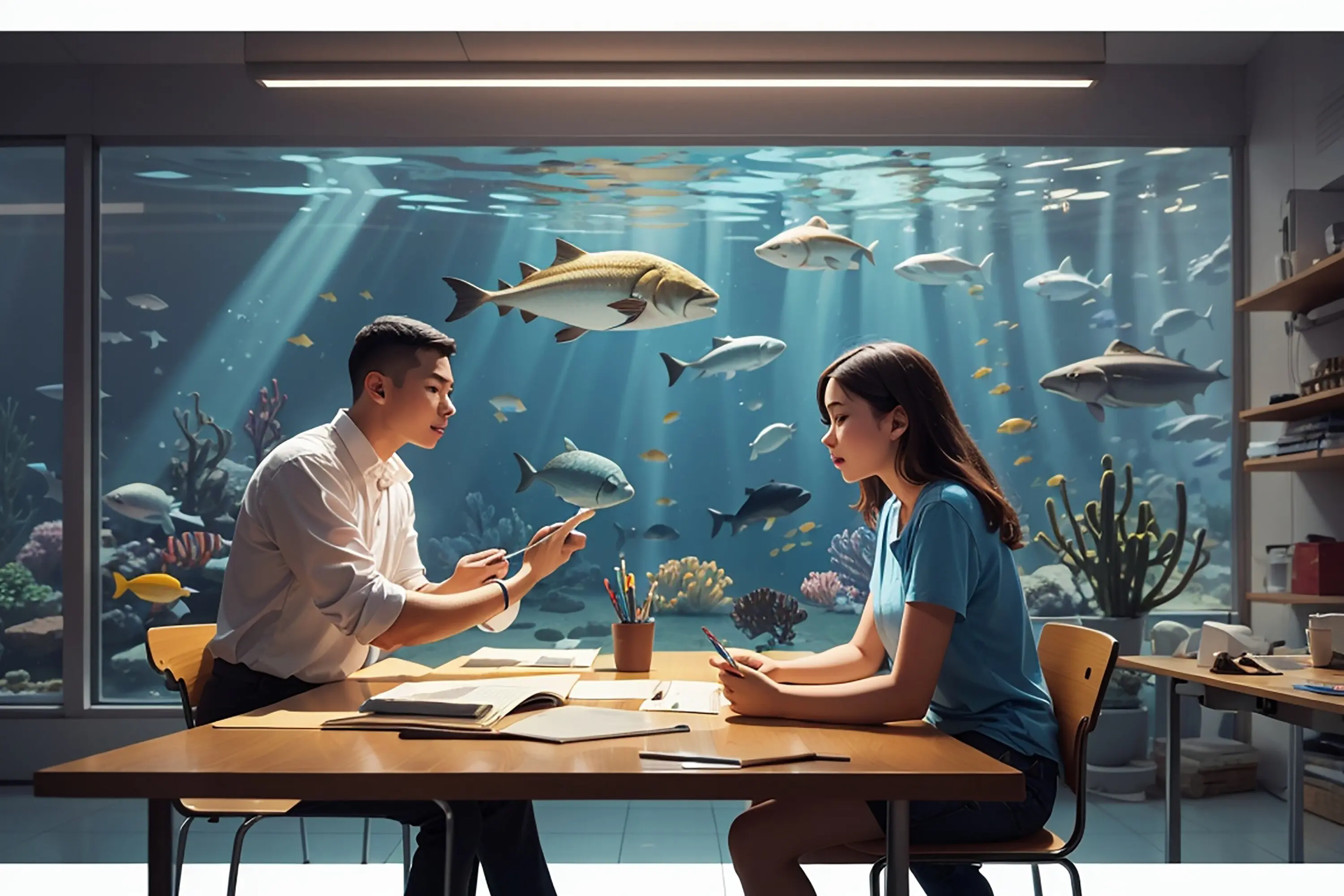 Entwirf eine detaillierte Szene, in der ein Lehrer und Schüler die Anatomie verschiedener Meeresarten diskutieren, als Vektorillustration im Flat-Stil.