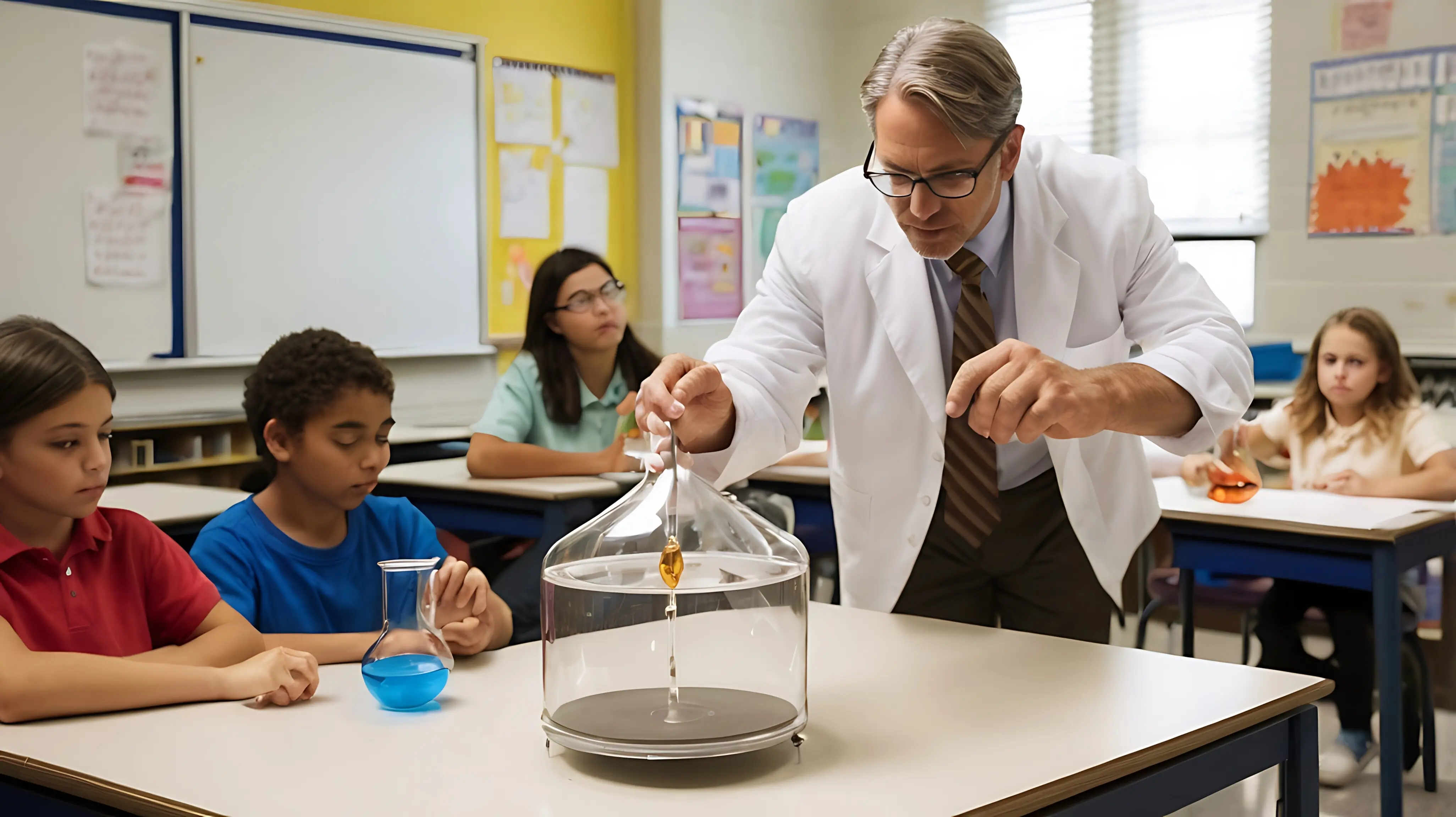 Eine Lehrkraft führt im Unterricht ein naturwissenschaftliches Experiment durch.