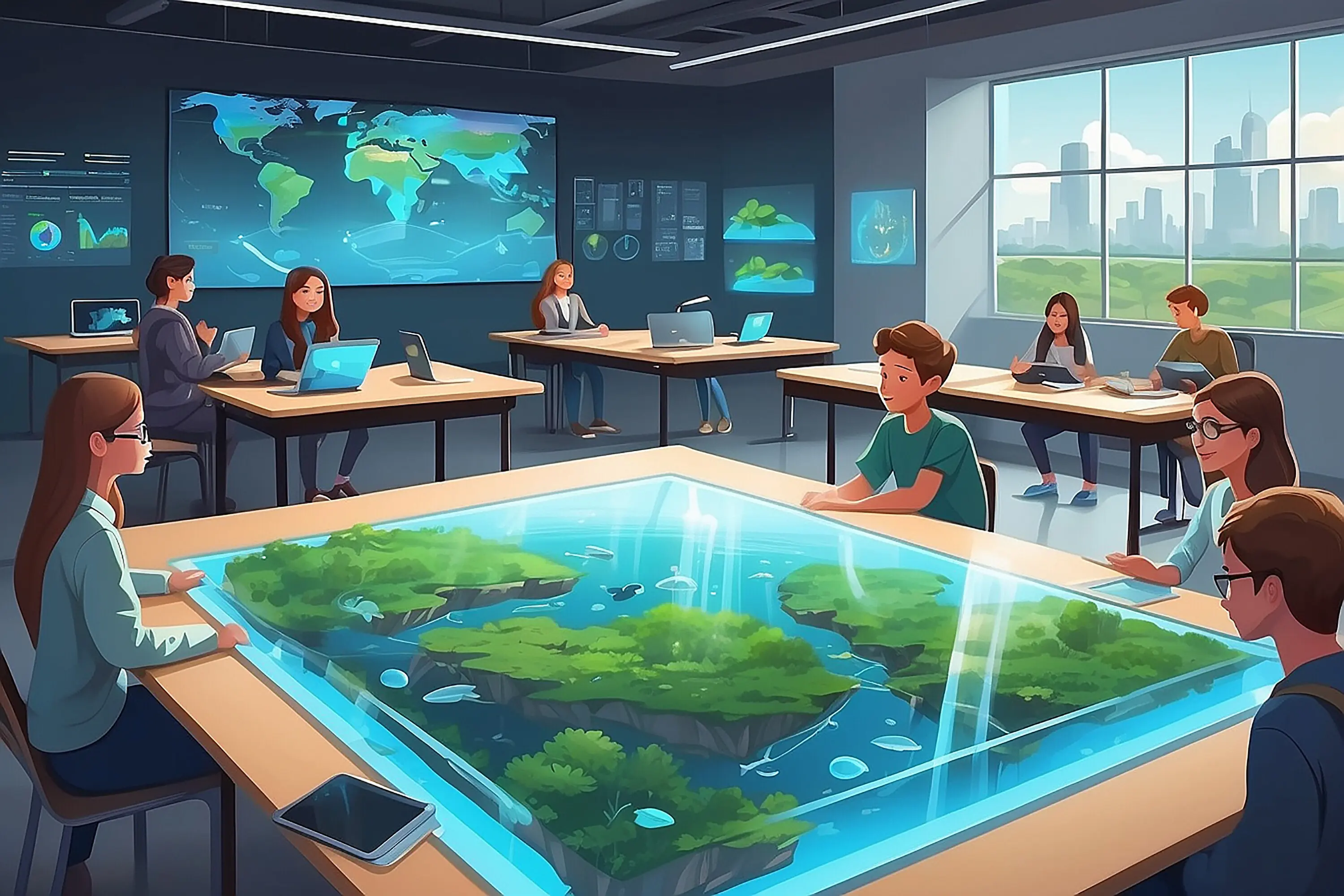 Illustriere eine Szene, in der Studierende holografische Displays nutzen, um Umweltschutzbemühungen zu simulieren; Vektorillustration im Flat-Stil.