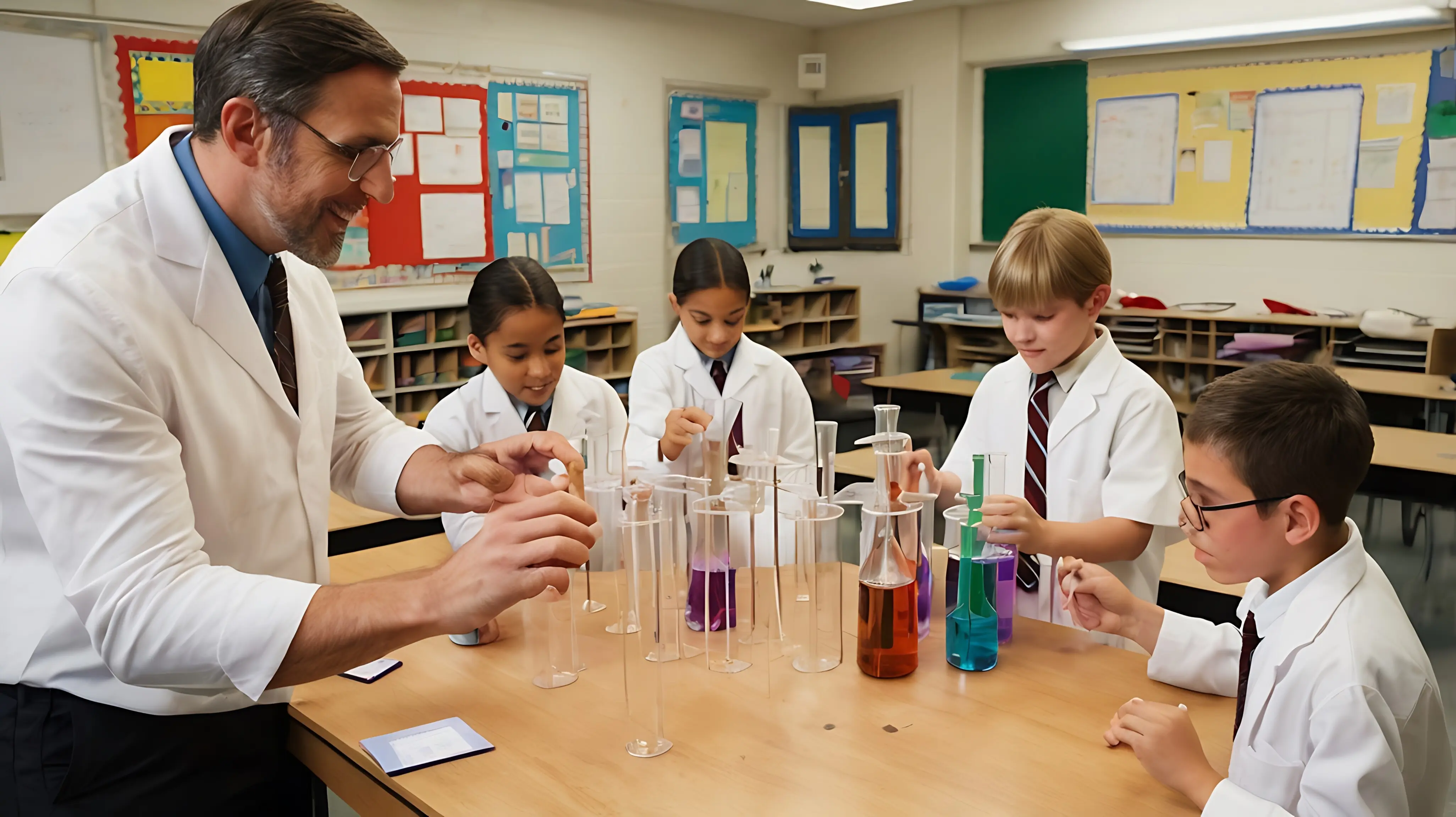 Eine Lehrkraft führt im Unterricht ein naturwissenschaftliches Experiment durch.