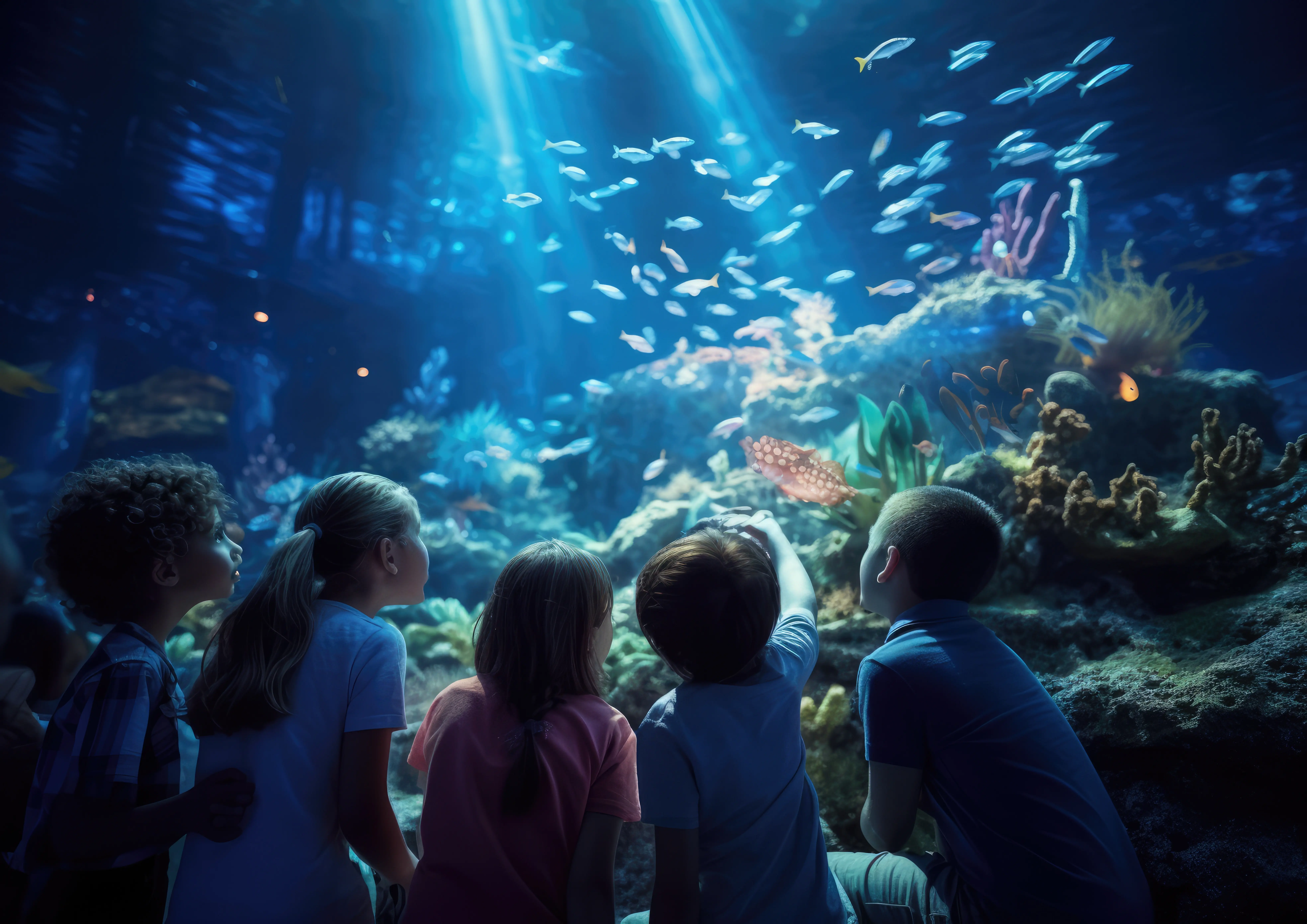 Schulkinder auf einem Schulausflug, die in einem Aquarium etwas über das Meeresleben lernen.